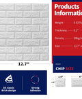 Product information of Peel And Stick 3D Foam Faux Brick Wall Panels White; size, weight, thickness, and design details displayed.