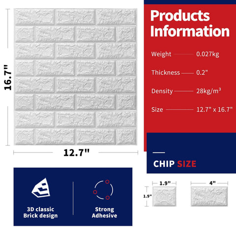 Product information of Peel And Stick 3D Foam Faux Brick Wall Panels White; size, weight, thickness, and design details displayed.