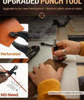 Person using an upgraded punch tool for leather crafting at a workshop table.