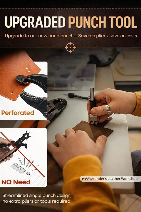 Person using an upgraded punch tool for leather crafting at a workshop table.