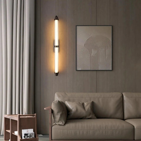 JGSYD Led Modern Wall Lamp Indoor with Remote Control Wall Light 2700K-6500K Dimmable Wall Sconce Long Strip Decorative Wall Lighting Stainless Steel for Bedroom Hallway Living Room,Black-70Cm on a living room wall.