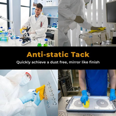 People using Premium Tack Cloth Pack Of 144 Pro Grade Dust And Particle Remover for woodworking and painting in a laboratory setting.