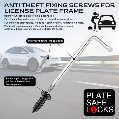 Anti Theft License Plate Frame fixing screws with wrenches and a plumb-shaped design for secure mounting.
