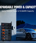 Beefy Stackable Power Station With Solar Inverter, 10240Wh Capacity, 7000W Output, charging car in off-grid setting at night