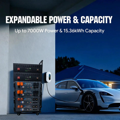 Beefy Stackable Power Station With Solar Inverter, 10240Wh Capacity, 7000W Output, charging car in off-grid setting at night
