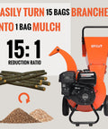 Beastly 9HP Gas Powered Wood Chipper With 4 Inch Max Capacity And 274cc Engine shown with 15:1 reduction ratio graphic