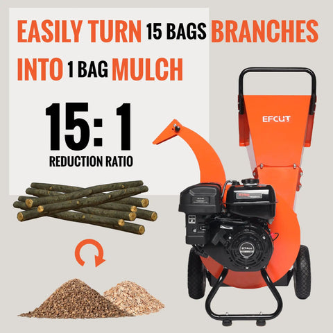 Beastly 9HP Gas Powered Wood Chipper With 4 Inch Max Capacity And 274cc Engine shown with 15:1 reduction ratio graphic