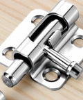 Close-up of a Lock It Down Small Barrel Bolt Latch Set Silver Aluminum Slide Bolt Locks For Interior Doors Cabinets And Pet Gates No Sweat Install.