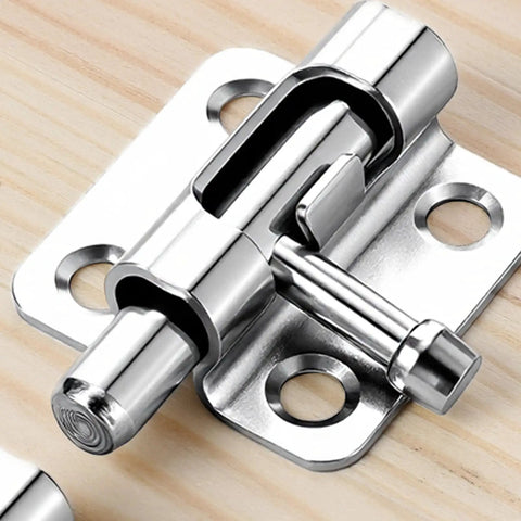 Close-up of a Lock It Down Small Barrel Bolt Latch Set Silver Aluminum Slide Bolt Locks For Interior Doors Cabinets And Pet Gates No Sweat Install.