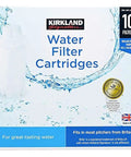 Kirkland Signature Water Filter Cartridges For Brita Pitchers 10 Refills Pack box showing packaging design and certifications.