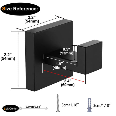 Stainless Steel Towel Hook Rustproof Wall Mounted Coat And Towel Hanger Square Matte Black Heavy Duty Door Hanger size diagram