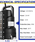 Beefy Three Quarter HP Sump Pump Automatic 4500GPH With Six Modes Bottom Suction Design Passes Solids IPX8 Thermoplastic Body