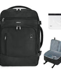 Underseat Travel Backpack for Men 30L Carry On with USB Port, black, laptop sleeve, clear toiletry bag, 18x13x8, open and closed views.