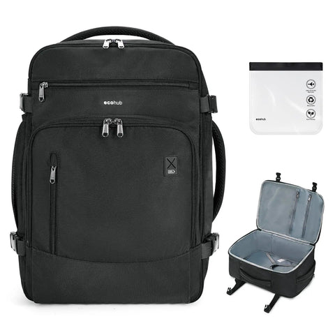 Underseat Travel Backpack for Men 30L Carry On with USB Port, black, laptop sleeve, clear toiletry bag, 18x13x8, open and closed views.