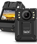 Front and back view of 1440P UHD Ambarella H22 Body Worn Camera with 128GB memory, featuring night vision and waterproof design.