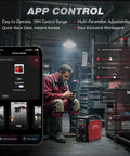 9 In 1 MIG TIG Stick Plasma Cutter Welding Machine With App Control shown in garage setting with smartphone app interface