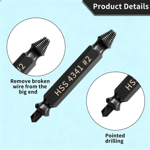 Close-up of a Six Piece Damaged Screw Extractor Set For Easy Out Bolts, Stripped Screw Remover Tool, And Stud Removal detailing ends