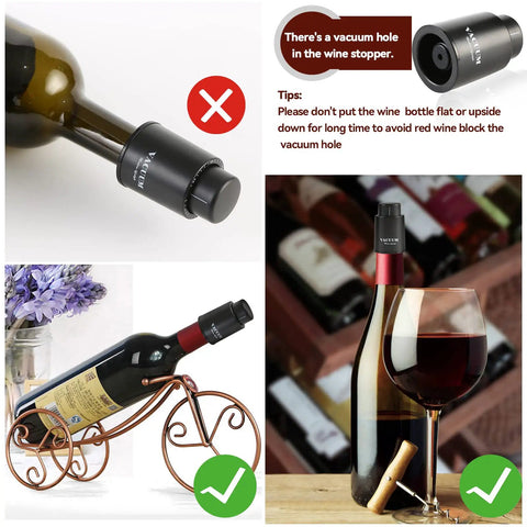 Two Pack Real Vacuum Wine Stoppers Keep Wine Fresh Longer, Reusable Preserver To Suck Air Out in use on wine bottles