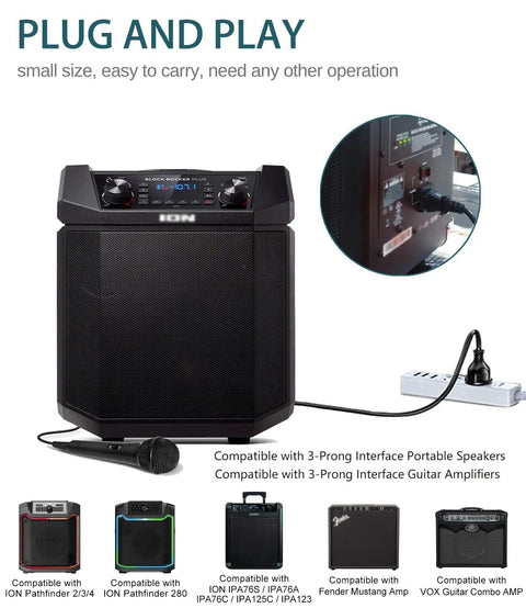 Image showing 3 Prong 18AWG Power Cord Replacement For ION Speakers And Guitar Amps 6 Foot Cable connected to ION speaker.