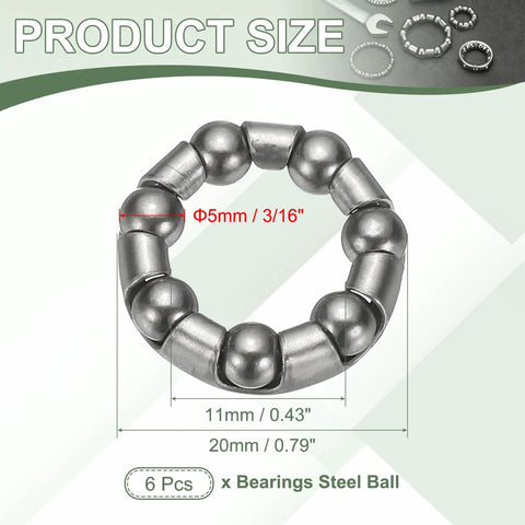 Bike Ball Bearings And Crank Bearing Retainer Set For Mountain And Road Bikes Stainless Steel Caged Wheel Bearings Three Sixteenths Inch Six Pack Silver Fit For MTB Crank Bottom Bracket Frame Repair product size and specifications of bearings showing 3/16 inch diameter
