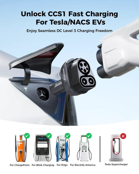 Heavy Duty Ccs To Nacs Electric Vehicle Charging Adapter Snags Up To 250 Kilowatt Dc Fast Charge For Tesla Model Y Cybertruck connecting to charging stations.