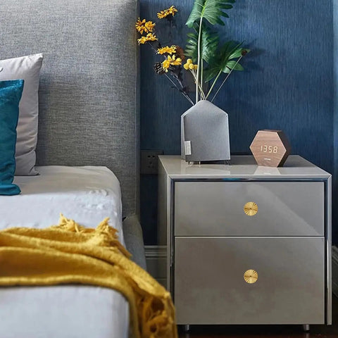 Must Have Golden Round Cabin Knobs 12 Pack Polished Gold Hardware Handles For Kitchen Cabinets Dressers Vanities And Drawers Classic Round Gold Pulls For Modern Home Upgrades installed on gray dresser drawers
