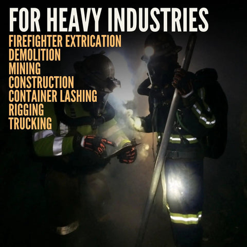 Firefighters in heavy industry gear using Deep II Grip Extrication Gloves With PVC Palm And Kevlar Stitching For Men Red Palm Large