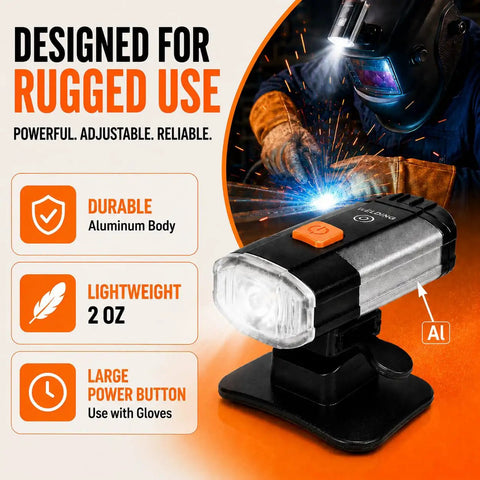Rechargeable Welding Helmet Light Attachment With LED Front Beam for hard hats and firefighter helmets, durable aluminum body
