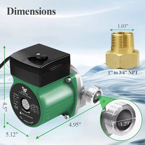 Heavy Duty 304 Stainless Steel Hot Water Recirculating Pump With 1 Inch NPT Threads dimensions diagram with labels.