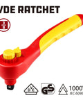Heavy Duty 3/8 Inch Drive VDE Insulated Ratchet Wrench With 72 Tooth Gears For High Voltage Electrical And Hybrid Car Jobs Built Tough As Nails Using Chrome Vanadium Steel, featuring a red and yellow handle.