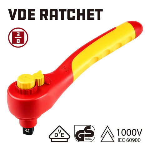 Heavy Duty 3/8 Inch Drive VDE Insulated Ratchet Wrench With 72 Tooth Gears For High Voltage Electrical And Hybrid Car Jobs Built Tough As Nails Using Chrome Vanadium Steel, featuring a red and yellow handle.