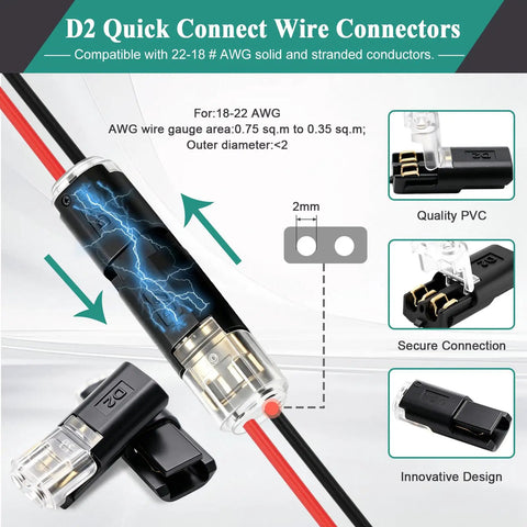 D2 Quick Connect Wire Connectors for AWG 22-18 with quality PVC for secure connections in electrical wiring.