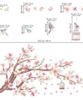 Cherry Blossom Wall Decals Set With Pink Magnolia Flowers, Tree Branches and Birds, Peel and Stick Wall Art, PVC dimensions shown