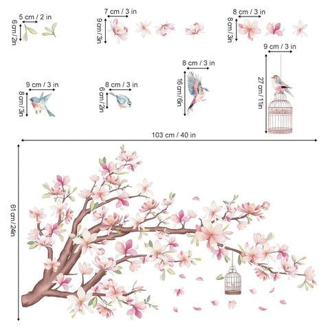 Cherry Blossom Wall Decals Set With Pink Magnolia Flowers, Tree Branches and Birds, Peel and Stick Wall Art, PVC dimensions shown