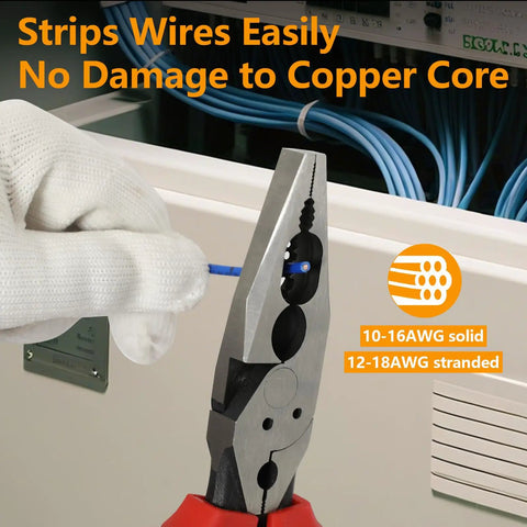 Gloved hand using 8.5 Inch 7 In 1 Linesman Pliers Set with wire cutter stripping blue wire in electrical panel