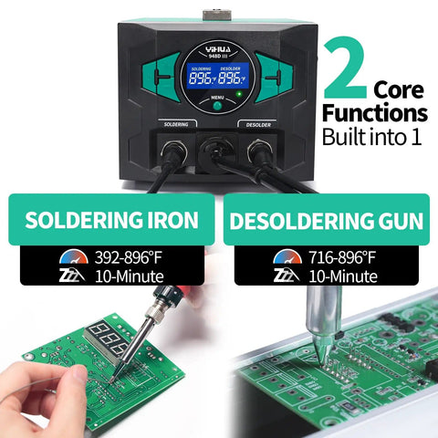 Pro Grade 110W EVO Soldering Station And Desoldering Kit with Vacuum Pump, showing dual function soldering and desoldering setup