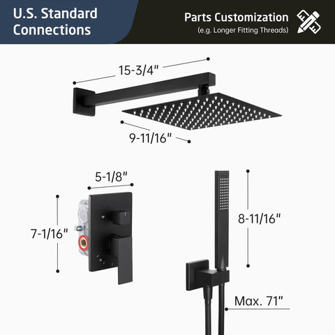 Matte Black 10 Inch Rain Shower Head With Handheld Spray Shower System, Wall Mounted Pressure Balance Valve Included diagram