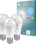 Color Changing LED Light Bulbs With Remote No App Or Wi Fi Needed A19 Base 3 Pack Dimmable Mood Lighting For Home Parties Control Up To 10 Bulbs In 20 Feet package with three bulbs and box.
