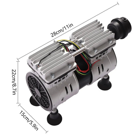 Heavy Duty Dual Cylinder Oil Free Vacuum Pump With Slick 110V Copper Motor 1440RPM, 28cm x 22cm x 15cm for tire fill projects.