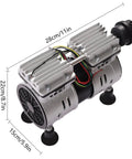Heavy-Duty 110V Mini Diaphragm Vacuum Pump, 550W Oil-Free Lab Air Compressor with aluminum body and dimensions shown.
