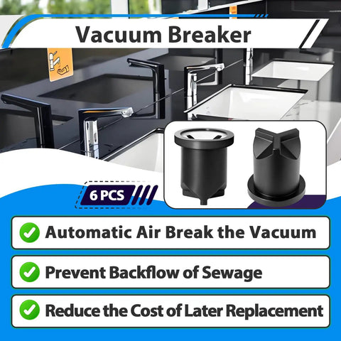 6 Pack Vacuum Breaker Repair Kit For Flushometers, shown with multiple units on a counter, focuses on preventing sewage backflow.