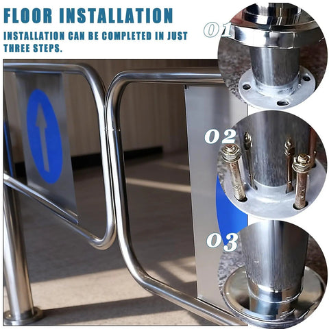 Hella Sturdy Stainless Steel Self Closing Swing Gate For Storefronts With Slick Auto Spring Feature and Reliable One Way Pedestrian Entry For No Sweat Commercial Traffic Management installation process showing floor connection details.