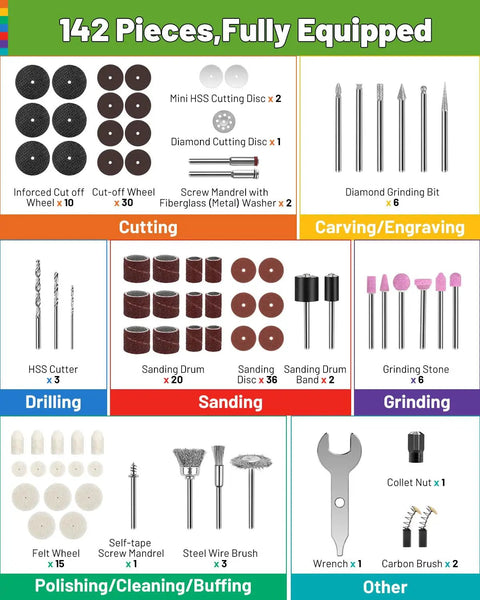Image showing comprehensive breakdown of 142 Piece Rotary Tool Accessories Kit With Universal Bits For Cutting Sanding Grinding Polishing Engraving Carving Drilling And More For Wood Metal Glass Ceramic Plastic PRA1420