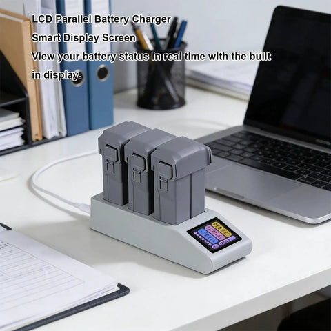 Parallel USB C 3 Slot Fast Charging Hub With LCD Screen for Drone Batteries on office desk