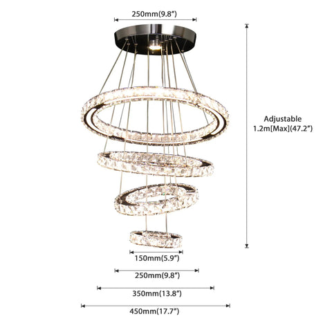 Dope Four Ring LED Crystal Chandelier Modern Flush Mount Ceiling Light with Adjustable Stainless Steel Pendant Design