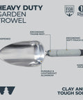 Beefy Aluminum Garden Trowel with Full Tang Extra Wide Scoop Sharpened Point and Ergonomic Cushioned Grip, labeled features.