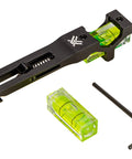 Pro Grade Dual Bubble Scope Leveling Kit For Foolproof Reticle Alignment One Handed Elevation Drop Adjustment Rifle Optics Zeroing Fixture with black aluminum frame and green liquid levels.