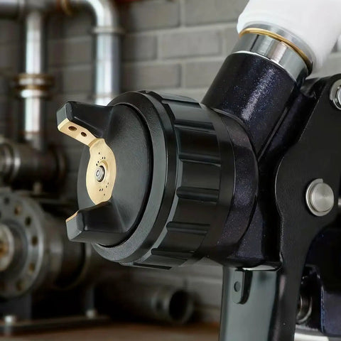 Nail Your Paint Project With This Hella Smooth Gravity Feed HVLP Spray Gun Featuring A Slick 1.7Mm Nozzle And Spiffy 600Ml Reusable Cup For Guaranteed Top Shelf Finishes close-up of 1.7mm spray gun nozzle assembly.