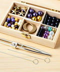 Stainless Steel Wick Needle Set For Candle Making, 8 Inch Punch Tool With Easy Threading, Pro-Grade Wick Positioning Pin For Candle Molds, Wax, And DIY Home Craft Projects, shown with wooden bead box
