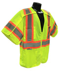 Class 3 Breakaway Surveyor Vest High Visibility Polyester Mesh, lime yellow with reflective strips, front zipper and pockets.